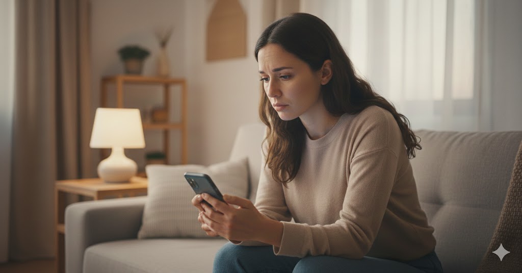 Mujer preocupada mirando el mobil