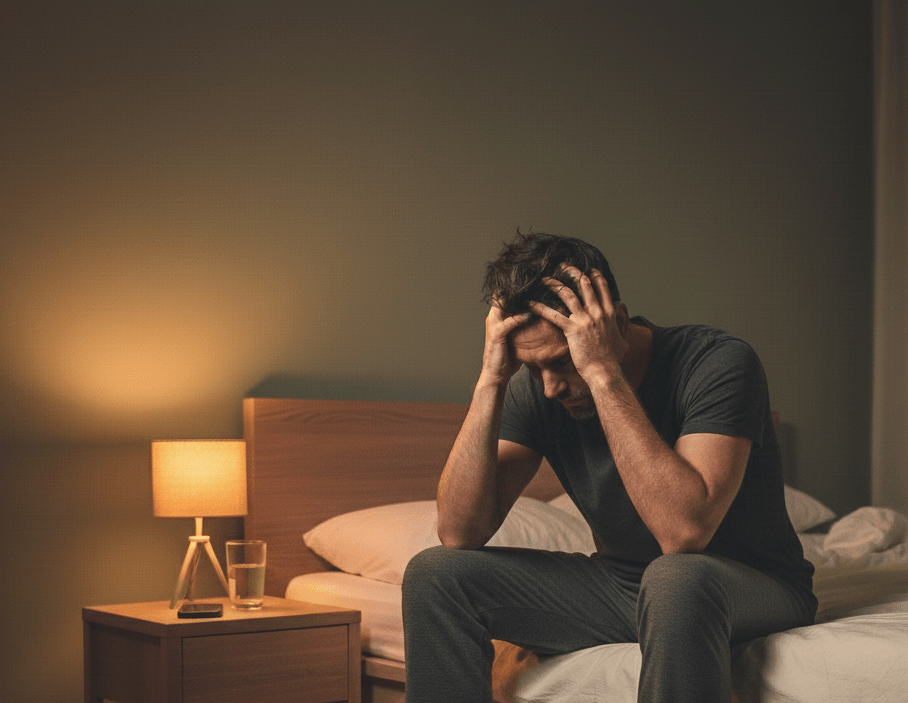 Hombre agotado que no puede dormir
