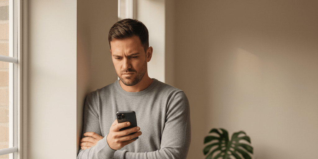 Hombre indignado mirando el móvil