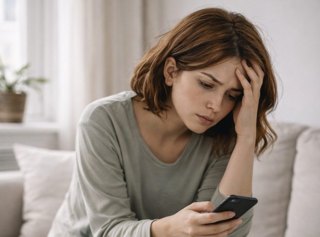 mujer preocupada mirando el móvil